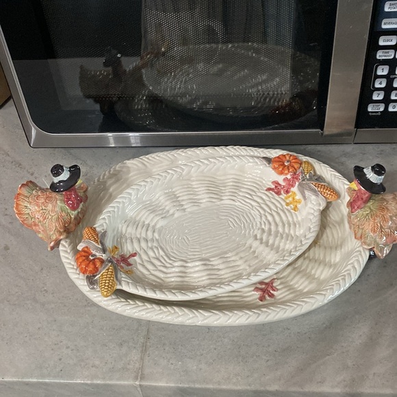 2 Vtg Fitz and Floyd Pilgrim's Progress Leaf Turkey Thanksgiving Serving Platter - Picture 11 of 16